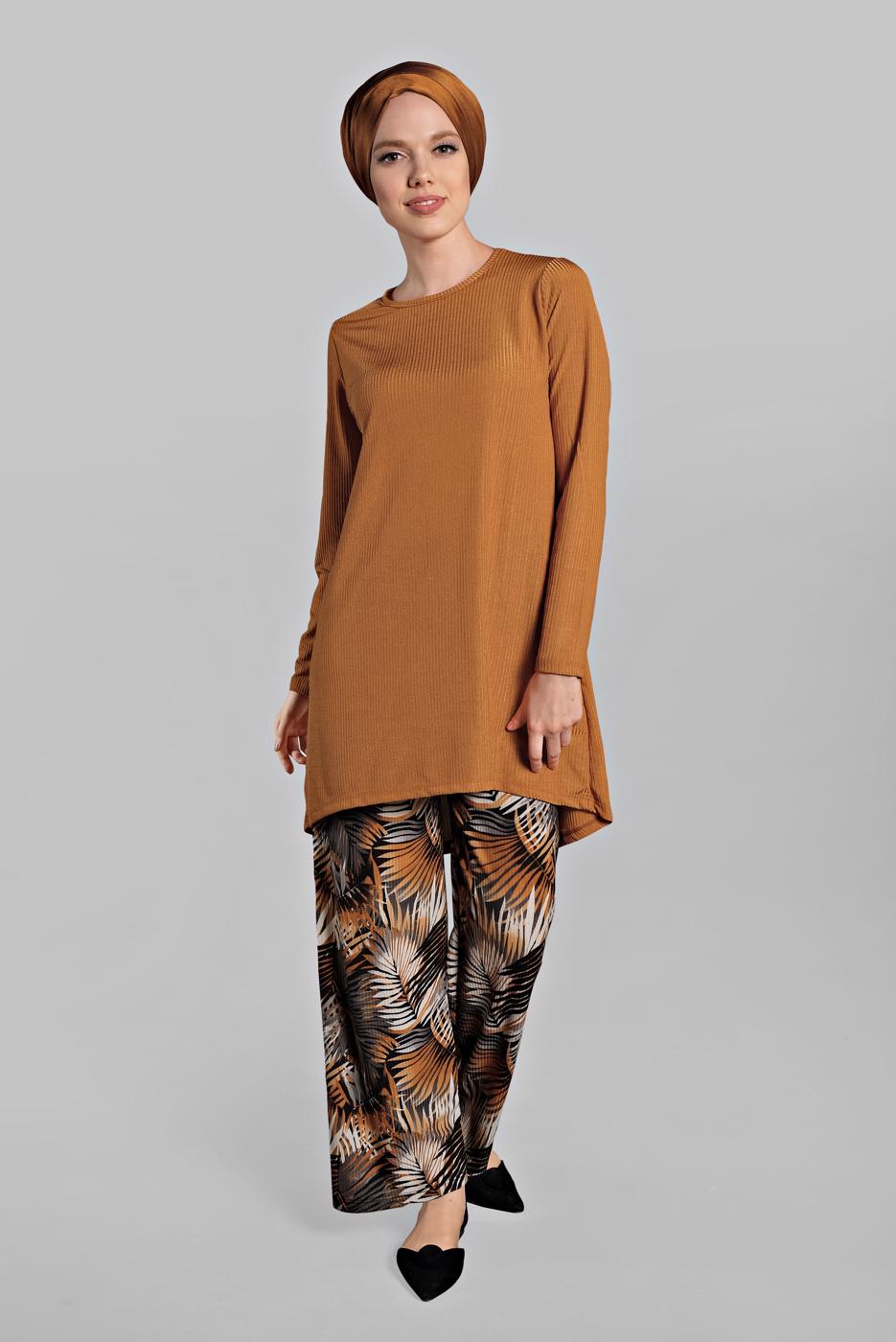 Tesettür giyim KAHVE ASİMETRİK KESİM FİTİLLİ 2&prime;Lİ PANTOLONLU TAKIM 5825