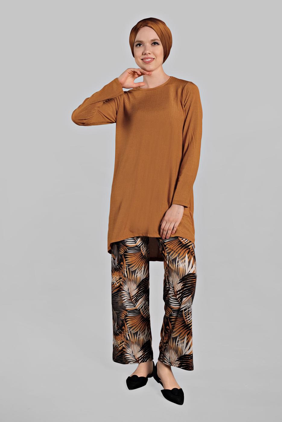 Tesettür giyim KAHVE ASİMETRİK KESİM FİTİLLİ 2&prime;Lİ PANTOLONLU TAKIM 5825