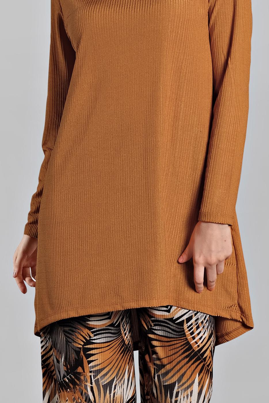 Tesettür giyim KAHVE ASİMETRİK KESİM FİTİLLİ 2&prime;Lİ PANTOLONLU TAKIM 5825