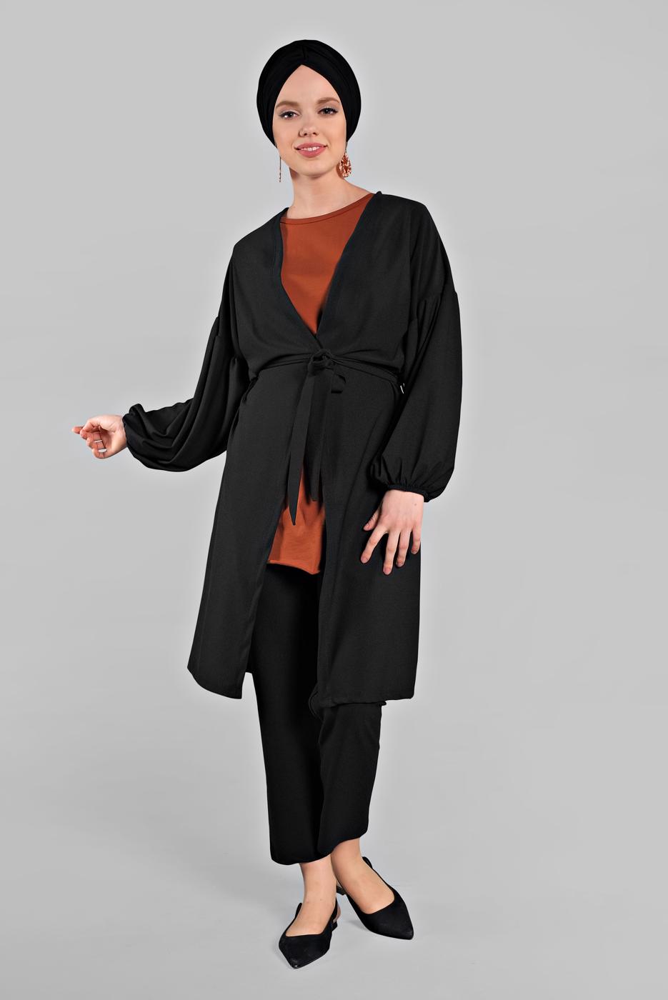 Tesettür giyim SİYAH BELDEN KUŞAKLI 2&prime;Lİ PANTOLONLU TAKIM 6116