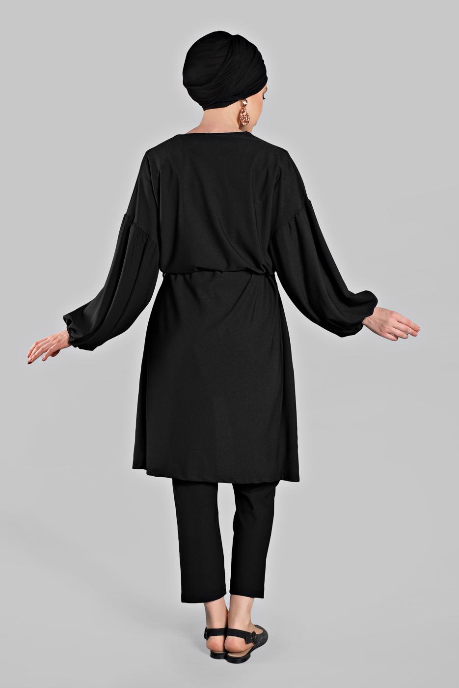 Tesettür giyim SİYAH BELDEN KUŞAKLI 2&prime;Lİ PANTOLONLU TAKIM 6116