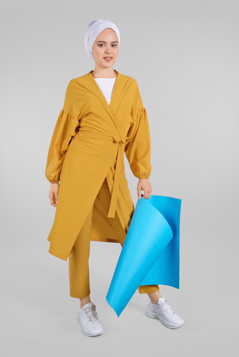 Tesettür giyim TURUNCU BELDEN KUŞAKLI 2&prime;Lİ PANTOLONLU TAKIM 6116