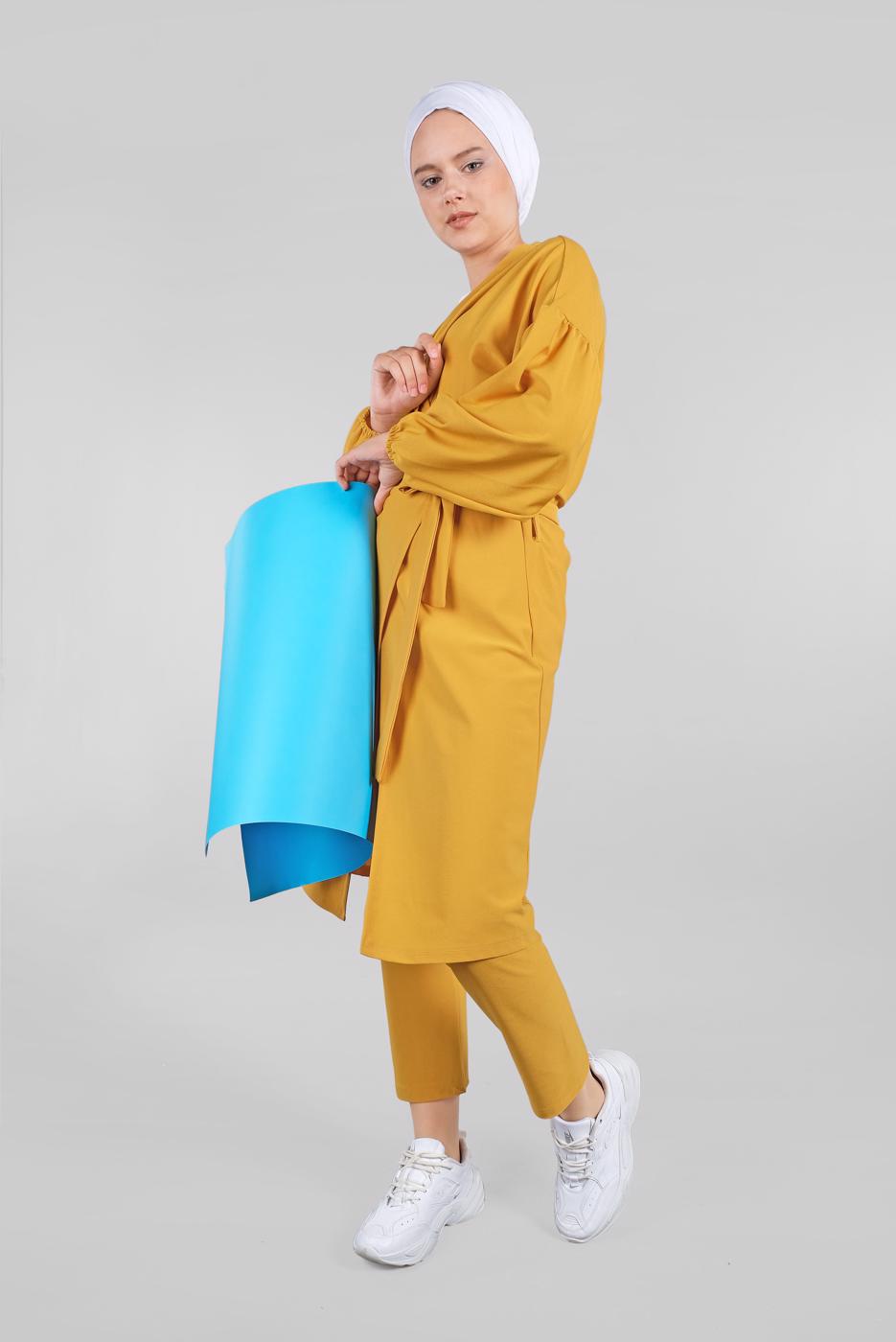 Tesettür giyim TURUNCU BELDEN KUŞAKLI 2&prime;Lİ PANTOLONLU TAKIM 6116