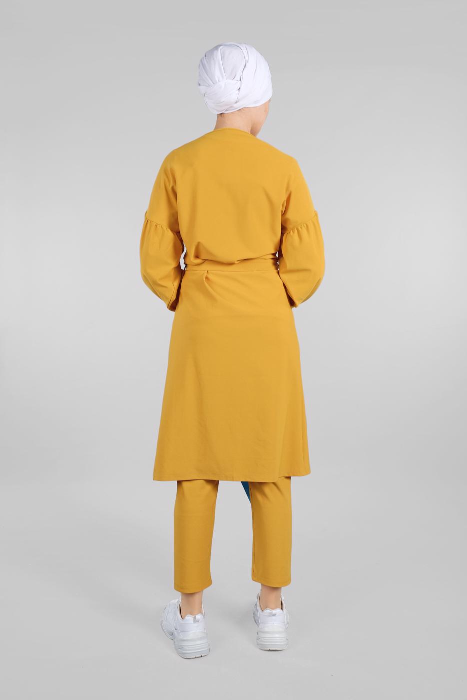 Tesettür giyim TURUNCU BELDEN KUŞAKLI 2&prime;Lİ PANTOLONLU TAKIM 6116