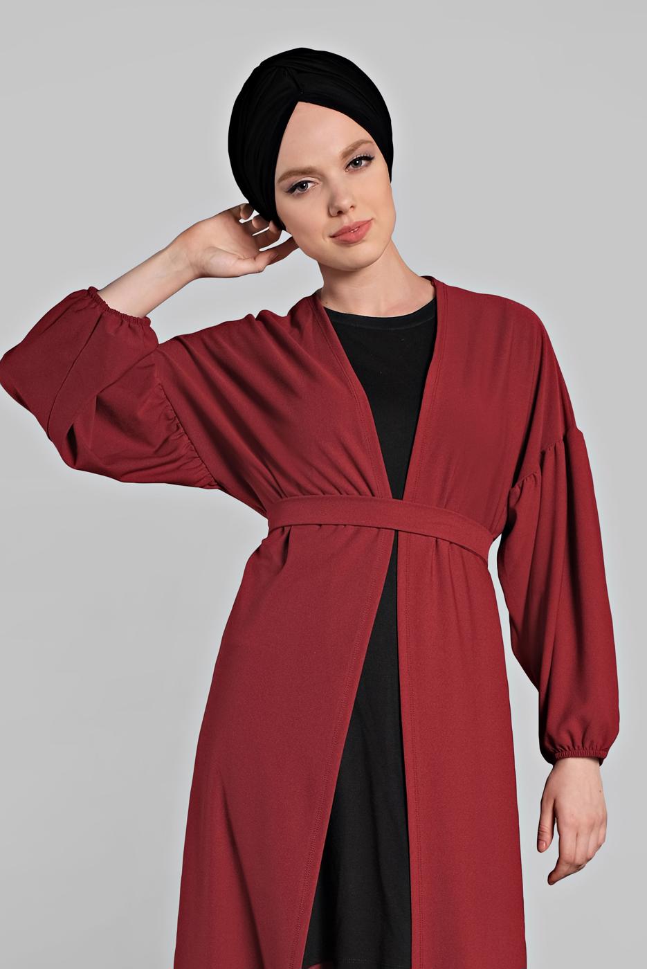 Tesettür giyim BORDO BELDEN KUŞAKLI 2&prime;Lİ PANTOLONLU TAKIM 6116
