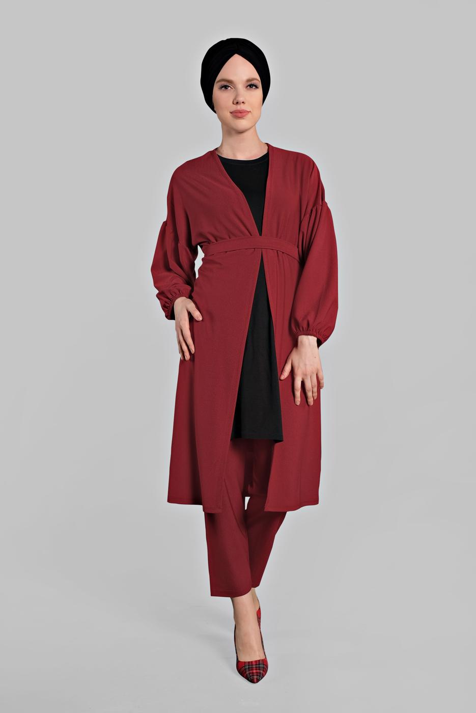 Tesettür giyim BORDO BELDEN KUŞAKLI 2&prime;Lİ PANTOLONLU TAKIM 6116