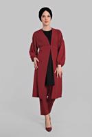 Tesettür giyim BORDO BELDEN KUŞAKLI 2&prime;Lİ PANTOLONLU TAKIM 6116