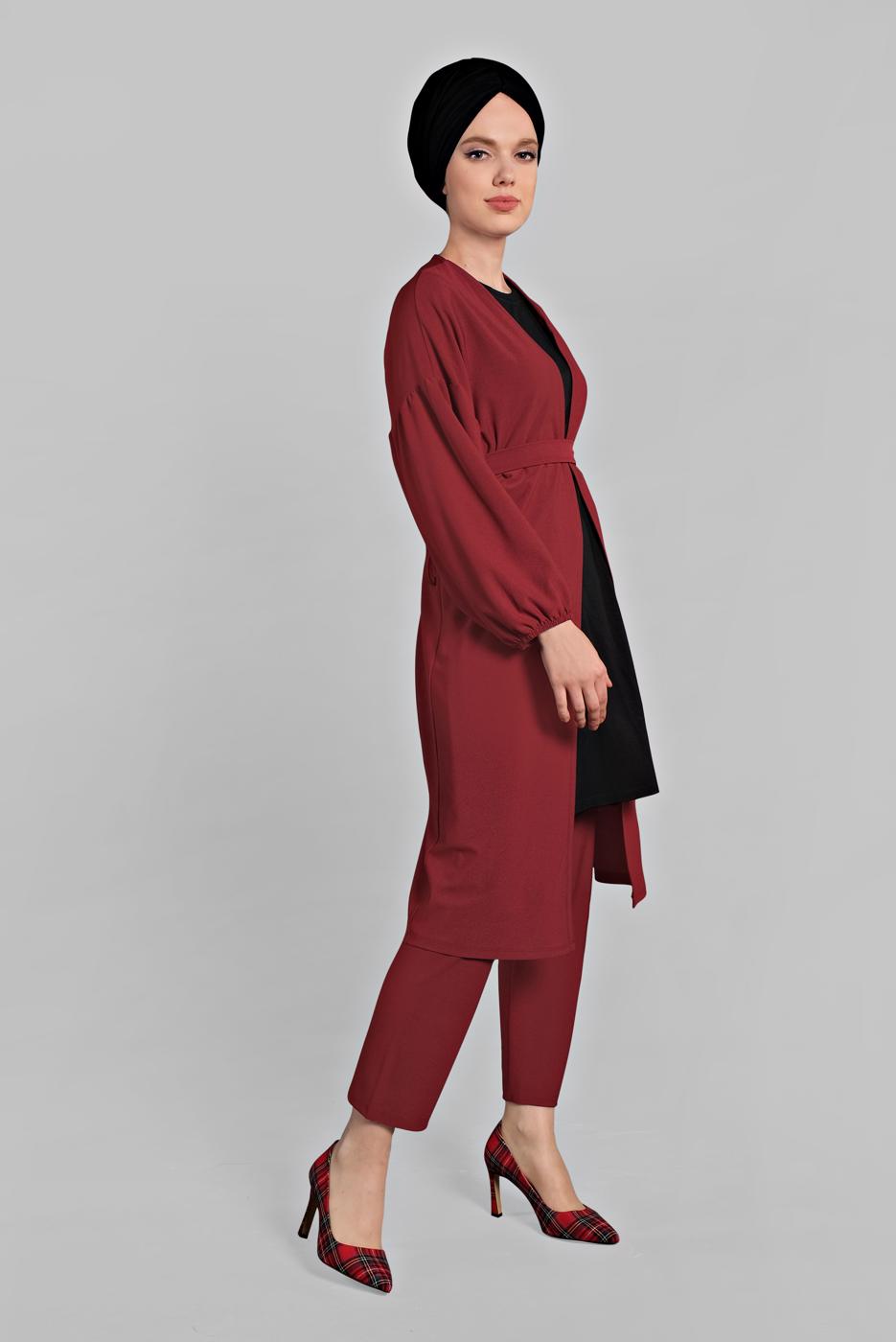 Tesettür giyim BORDO BELDEN KUŞAKLI 2&prime;Lİ PANTOLONLU TAKIM 6116