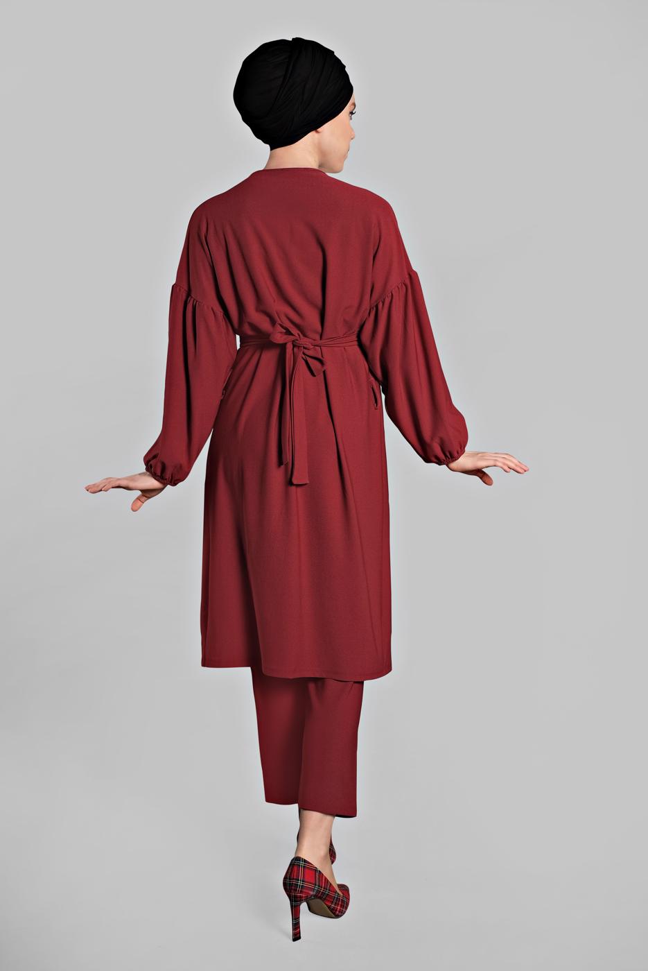 Tesettür giyim BORDO BELDEN KUŞAKLI 2&prime;Lİ PANTOLONLU TAKIM 6116