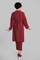 Tesettür giyim BORDO BELDEN KUŞAKLI 2&prime;Lİ PANTOLONLU TAKIM 6116