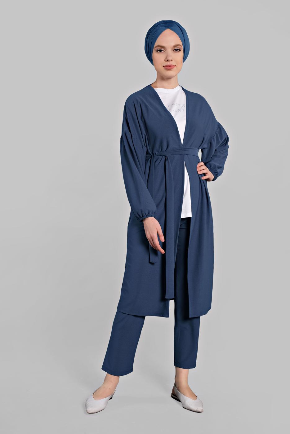 Tesettür giyim MAVİ BELDEN KUŞAKLI 2&prime;Lİ PANTOLONLU TAKIM 6116