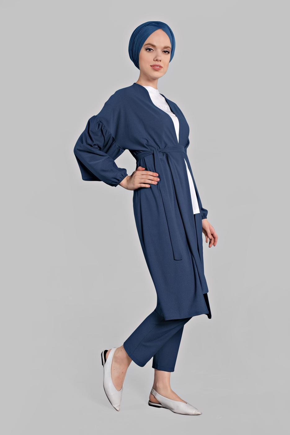 Tesettür giyim MAVİ BELDEN KUŞAKLI 2&prime;Lİ PANTOLONLU TAKIM 6116