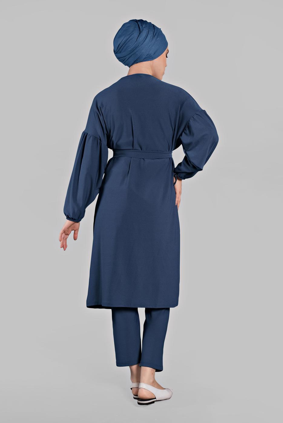 Tesettür giyim MAVİ BELDEN KUŞAKLI 2&prime;Lİ PANTOLONLU TAKIM 6116