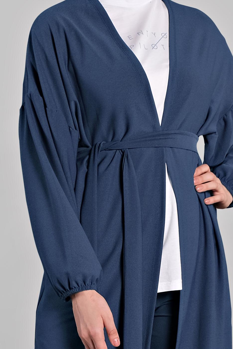 Tesettür giyim MAVİ BELDEN KUŞAKLI 2&prime;Lİ PANTOLONLU TAKIM 6116