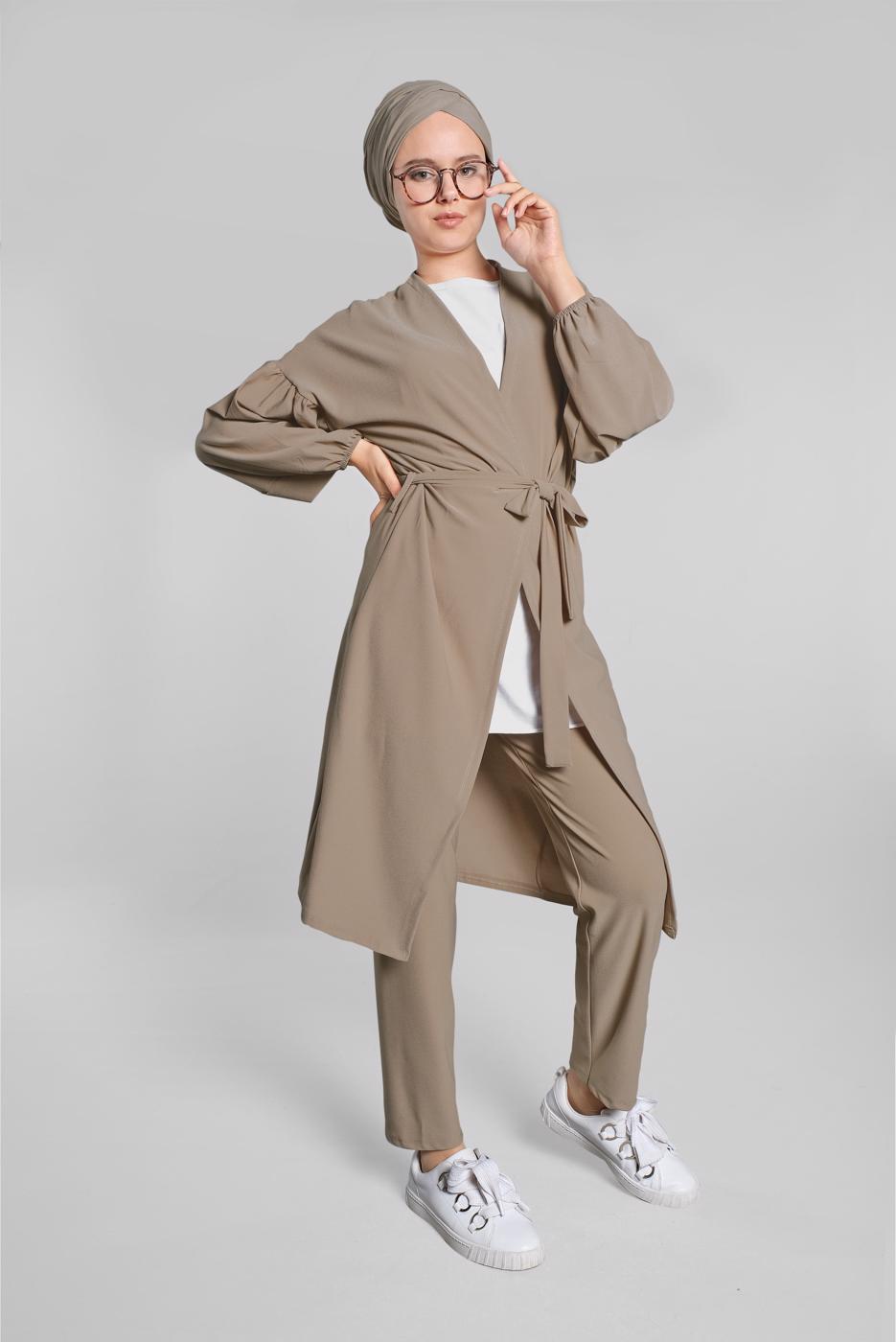 Tesettür giyim VİZON BELDEN KUŞAKLI 2&prime;Lİ PANTOLONLU TAKIM 6116