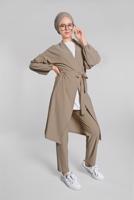 Tesettür giyim VİZON BELDEN KUŞAKLI 2&prime;Lİ PANTOLONLU TAKIM 6116