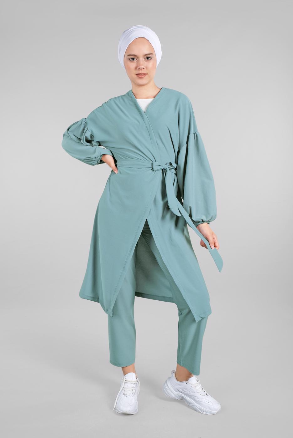 Tesettür giyim YEŞİL BELDEN KUŞAKLI 2&prime;Lİ PANTOLONLU TAKIM 6116