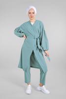 Tesettür giyim YEŞİL BELDEN KUŞAKLI 2&prime;Lİ PANTOLONLU TAKIM 6116