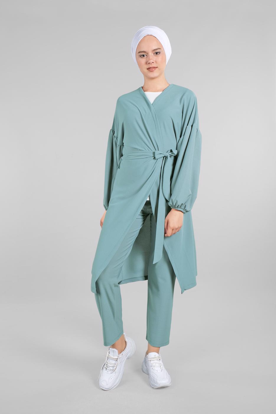 Tesettür giyim YEŞİL BELDEN KUŞAKLI 2&prime;Lİ PANTOLONLU TAKIM 6116