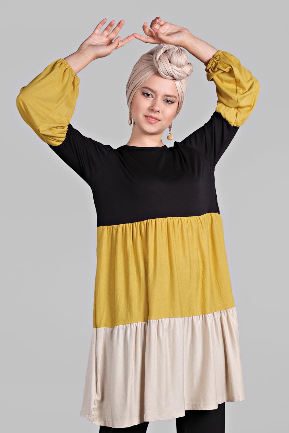 Tesettür giyim SİYAH 3 RENKLİ LASTİK DETAYLI  2&prime;Lİ PANTOLONLU TAKIM 6615 