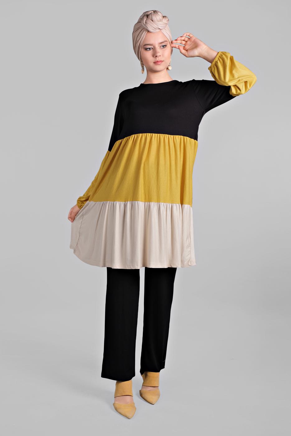 Tesettür giyim SİYAH 3 RENKLİ LASTİK DETAYLI  2&prime;Lİ PANTOLONLU TAKIM 6615 