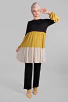 Tesettür giyim SİYAH 3 RENKLİ LASTİK DETAYLI  2&prime;Lİ PANTOLONLU TAKIM 6615 