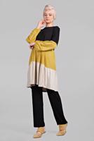 Tesettür giyim SİYAH 3 RENKLİ LASTİK DETAYLI  2&prime;Lİ PANTOLONLU TAKIM 6615 