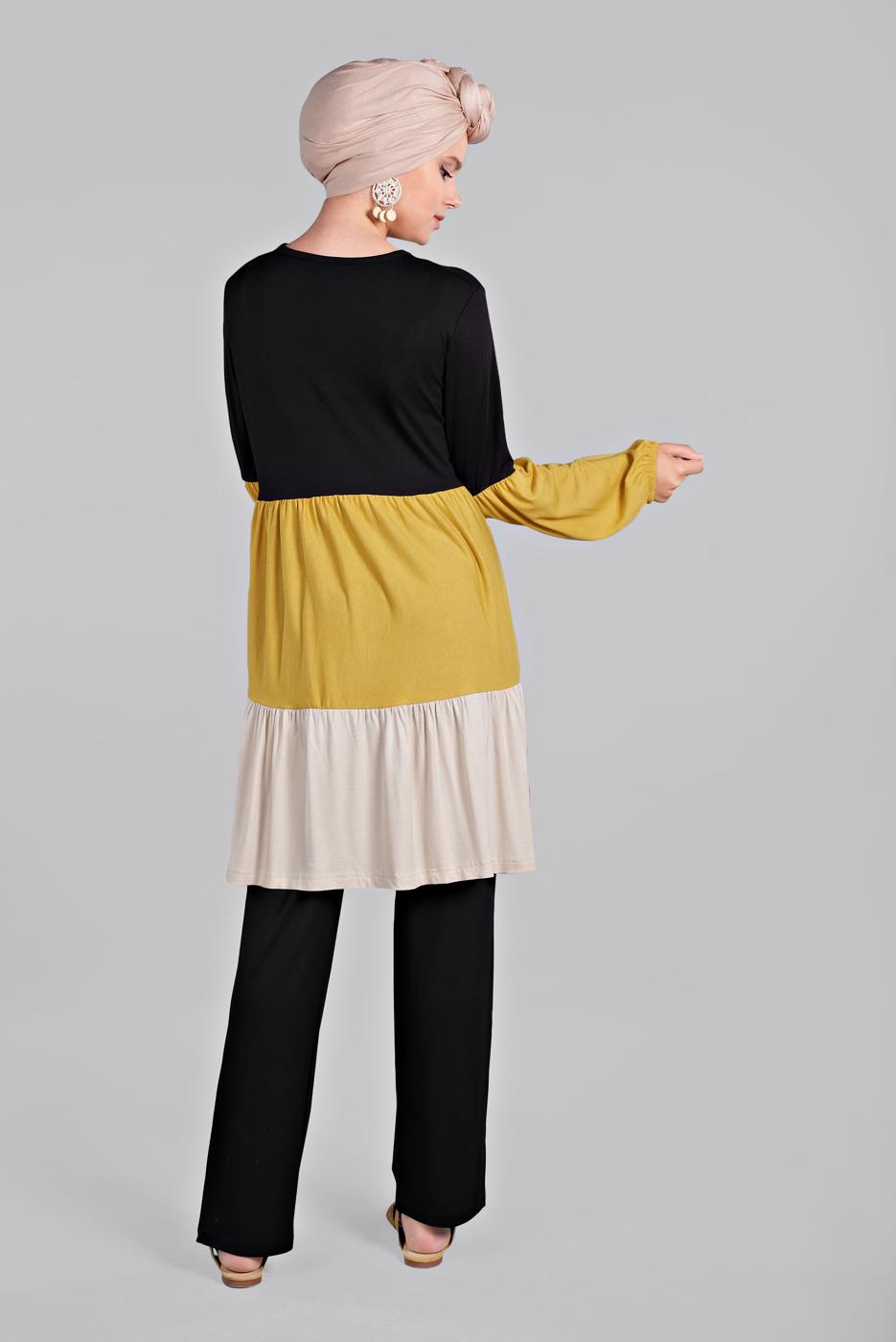 Tesettür giyim SİYAH 3 RENKLİ LASTİK DETAYLI  2&prime;Lİ PANTOLONLU TAKIM 6615 