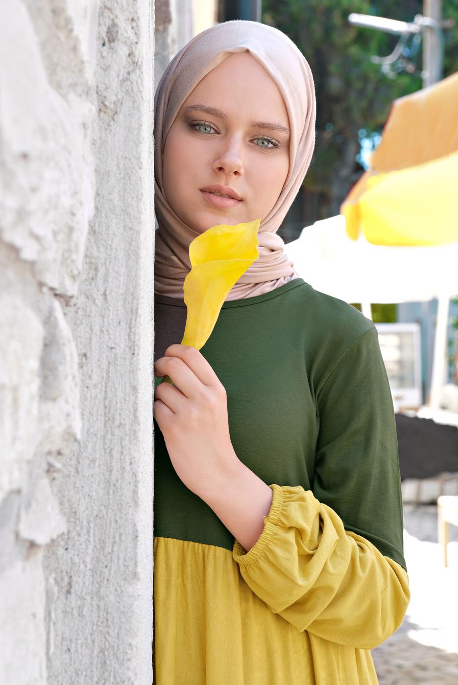 Tesettür giyim HAKİ 3 RENKLİ LASTİK DETAYLI  2&prime;Lİ PANTOLONLU TAKIM 6615 