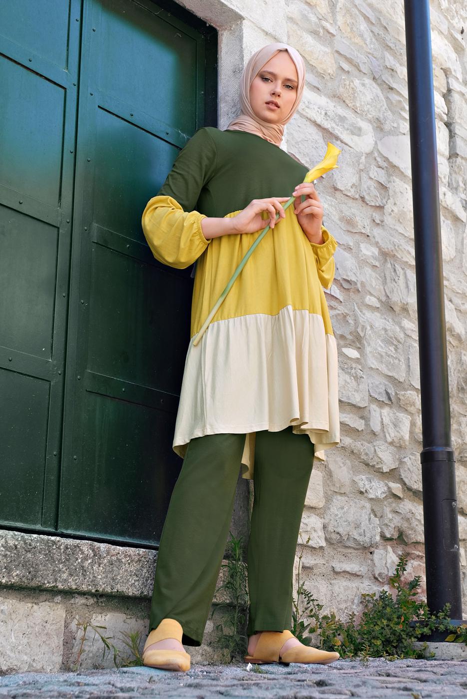 Tesettür giyim HAKİ 3 RENKLİ LASTİK DETAYLI  2&prime;Lİ PANTOLONLU TAKIM 6615 