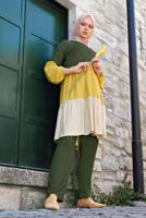 Tesettür giyim HAKİ 3 RENKLİ LASTİK DETAYLI  2&prime;Lİ PANTOLONLU TAKIM 6615 