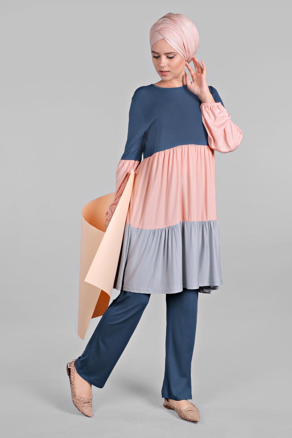 Tesettür giyim LACİVERT 3 RENKLİ LASTİK DETAYLI  2&prime;Lİ PANTOLONLU TAKIM 6615 