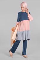 Tesettür giyim LACİVERT 3 RENKLİ LASTİK DETAYLI  2&prime;Lİ PANTOLONLU TAKIM 6615 