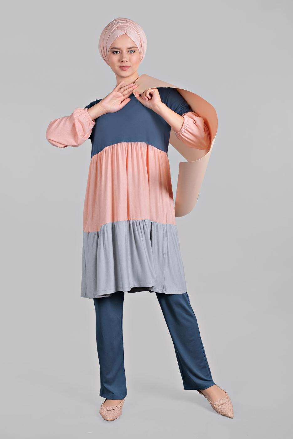 Tesettür giyim LACİVERT 3 RENKLİ LASTİK DETAYLI  2&prime;Lİ PANTOLONLU TAKIM 6615 