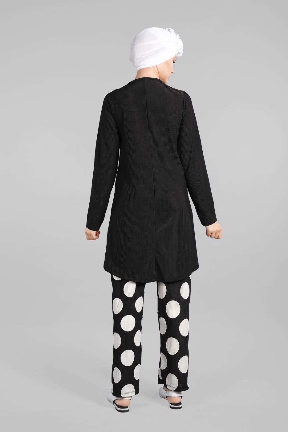 Tesettür giyim SİYAH PUANTİYELİ FİTİLLİ 2&prime;Lİ PANTOLONLU TAKIM 7525 