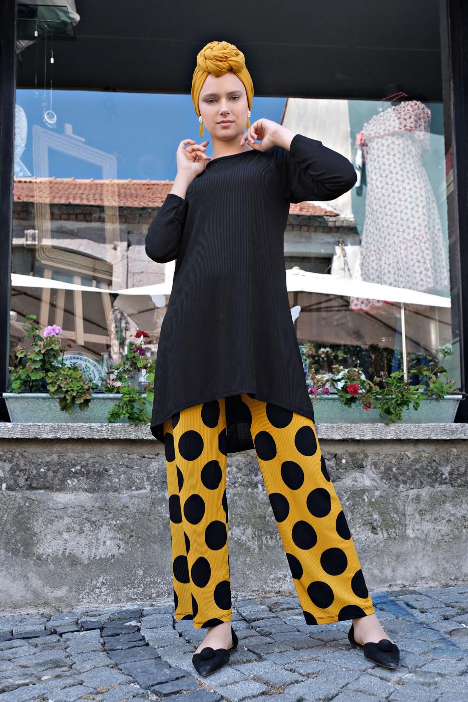 Tesettür giyim SİYAH PUANTİYELİ FİTİLLİ 2&prime;Lİ PANTOLONLU TAKIM 7525 