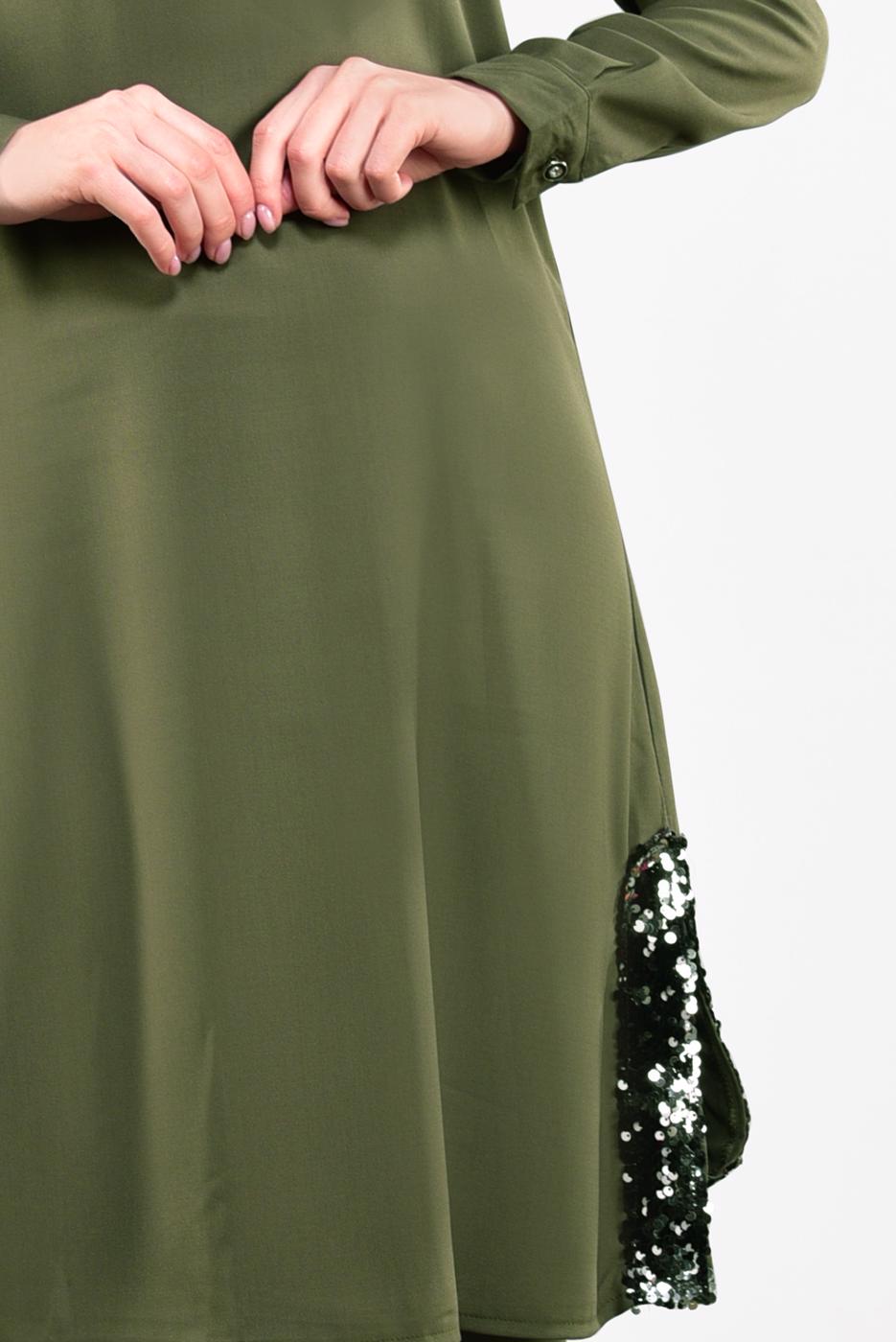 Tesettür giyim HAKİ YANLARI PUL PAYET DETAYLI 2&prime;Lİ PANTOLONLU TAKIM 7547