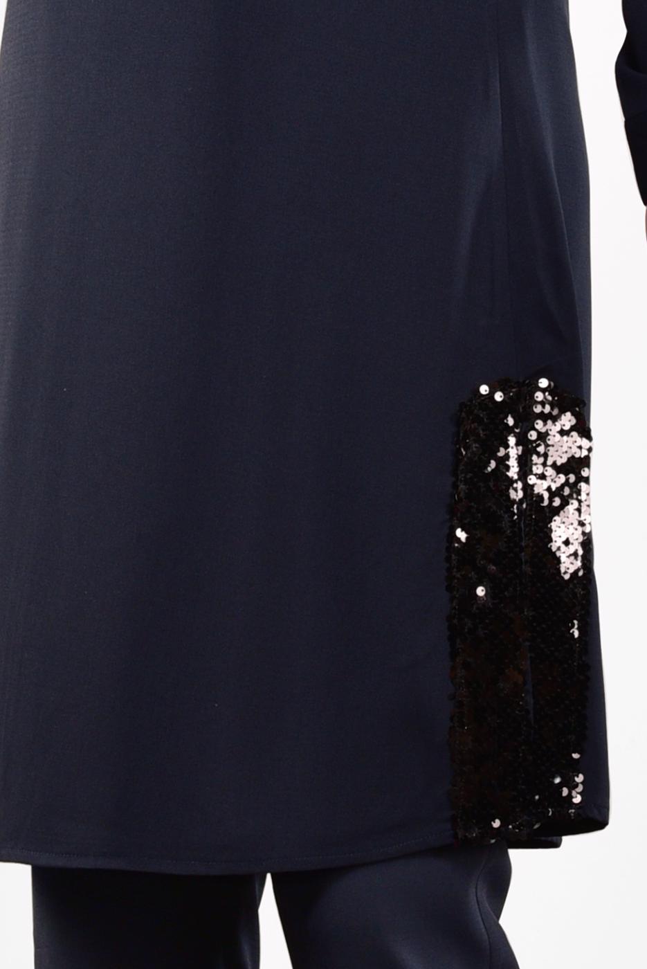 Tesettür giyim LACİVERT YANLARI PUL PAYET DETAYLI 2&prime;Lİ PANTOLONLU TAKIM 7547