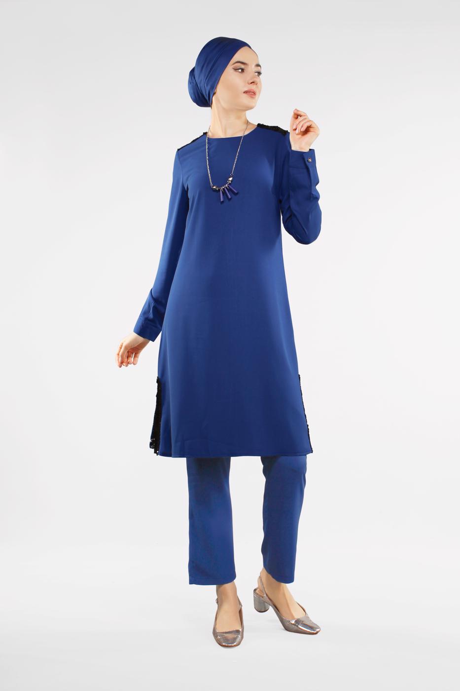 Tesettür giyim LACİVERT YANLARI PUL PAYET DETAYLI 2&prime;Lİ PANTOLONLU TAKIM 7547