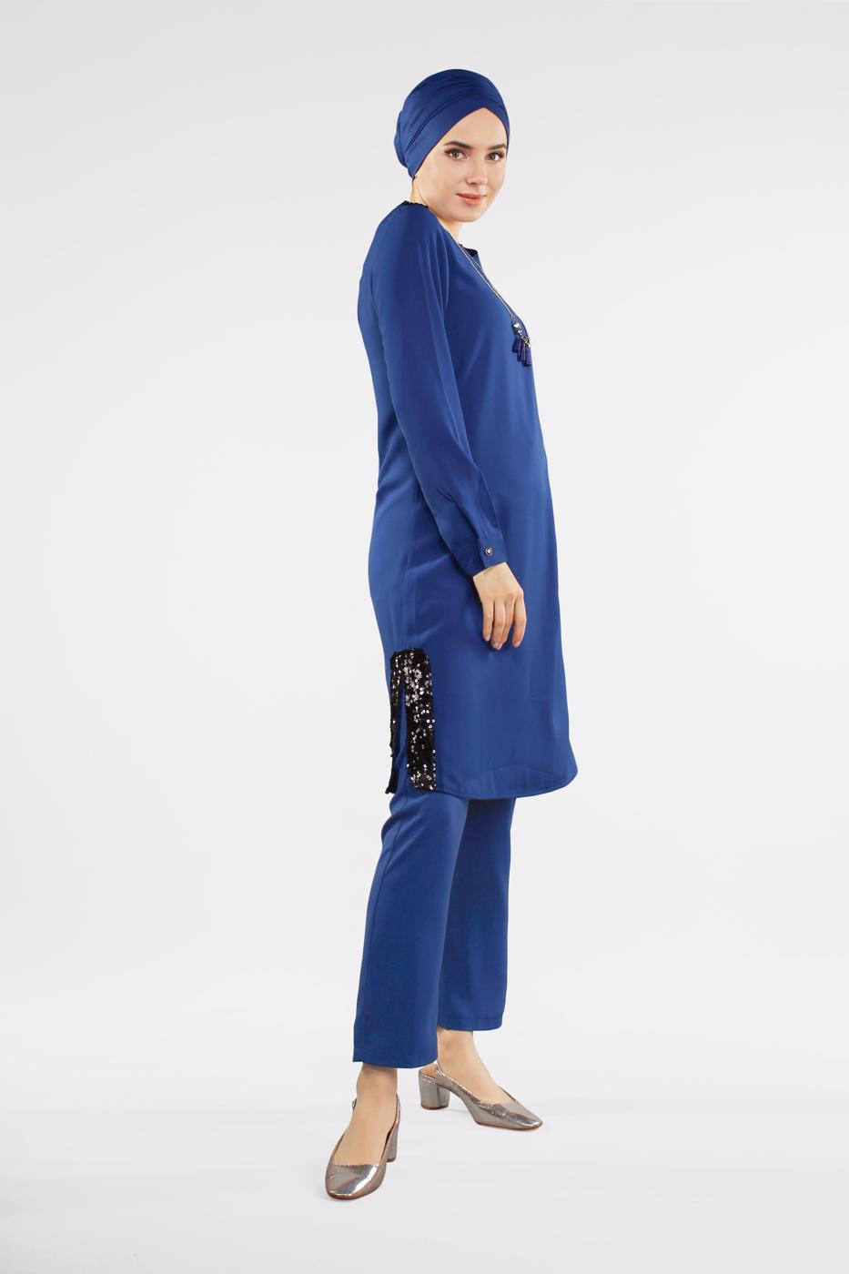 Tesettür giyim LACİVERT YANLARI PUL PAYET DETAYLI 2&prime;Lİ PANTOLONLU TAKIM 7547