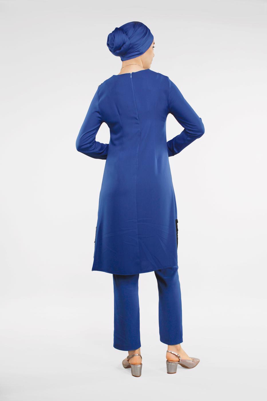 Tesettür giyim LACİVERT YANLARI PUL PAYET DETAYLI 2&prime;Lİ PANTOLONLU TAKIM 7547
