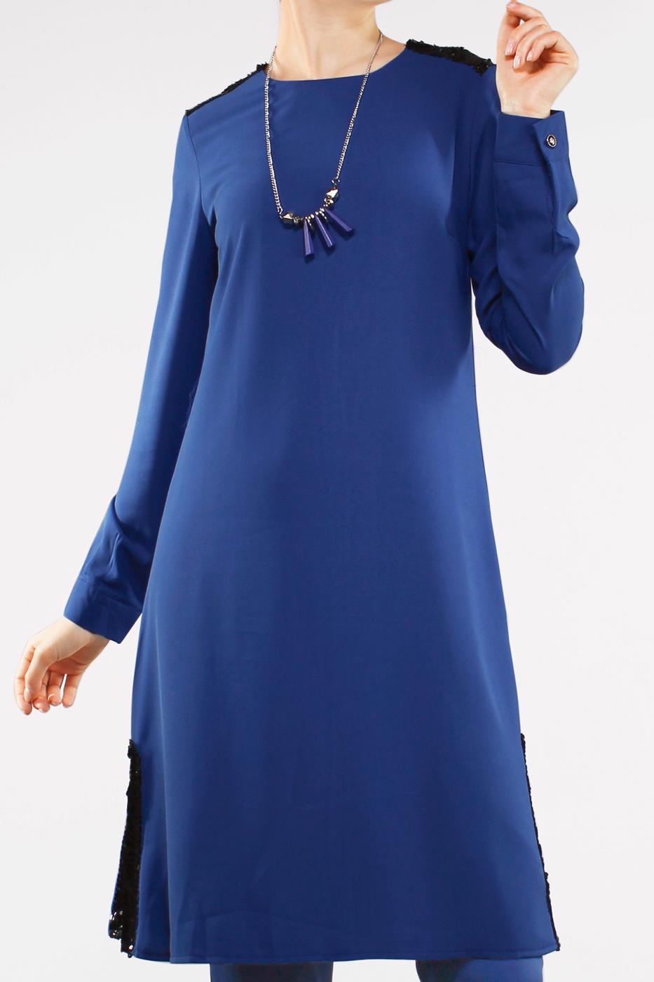 Tesettür giyim LACİVERT YANLARI PUL PAYET DETAYLI 2&prime;Lİ PANTOLONLU TAKIM 7547