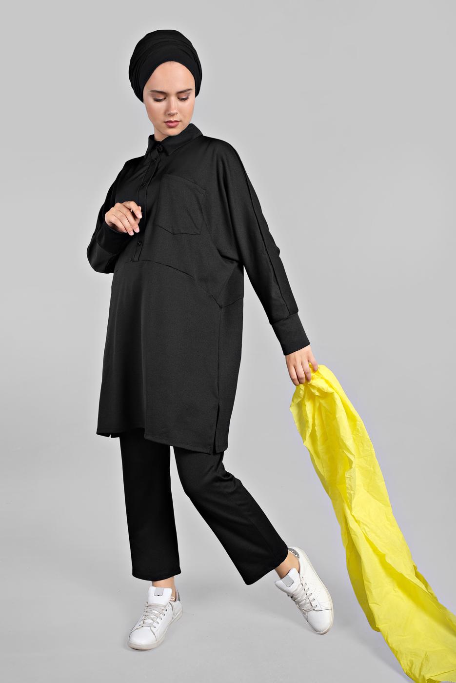 Tesettür giyim SİYAH YARASA KOL DETAYLI 2&prime;Lİ PANTOLONLU TAKIM 7811 