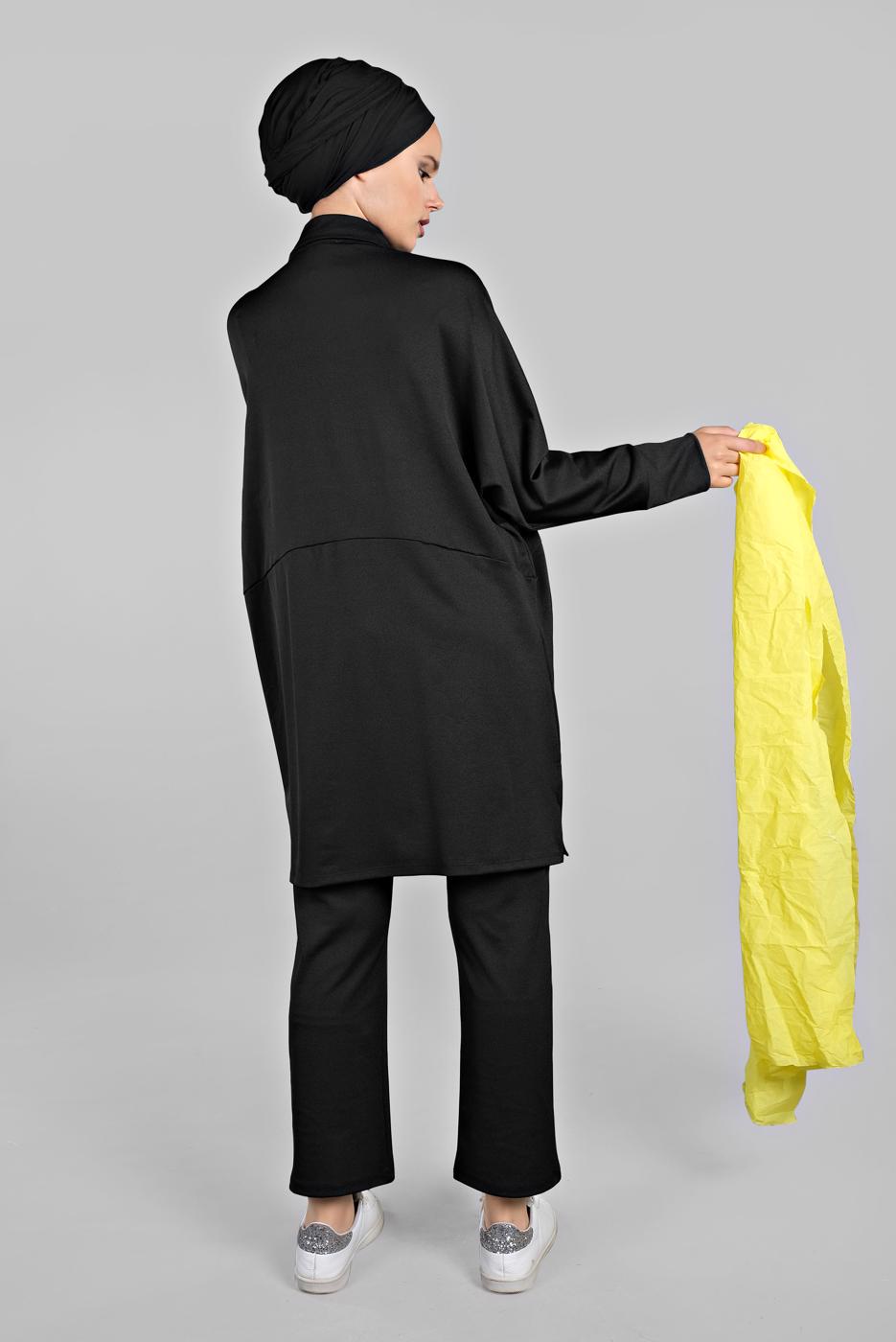 Tesettür giyim SİYAH YARASA KOL DETAYLI 2&prime;Lİ PANTOLONLU TAKIM 7811 