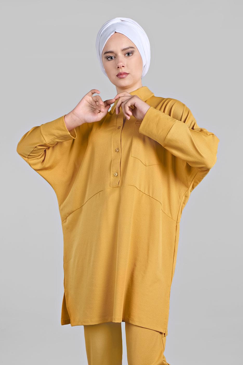 Tesettür giyim SARI YARASA KOL DETAYLI 2&prime;Lİ PANTOLONLU TAKIM 7811 