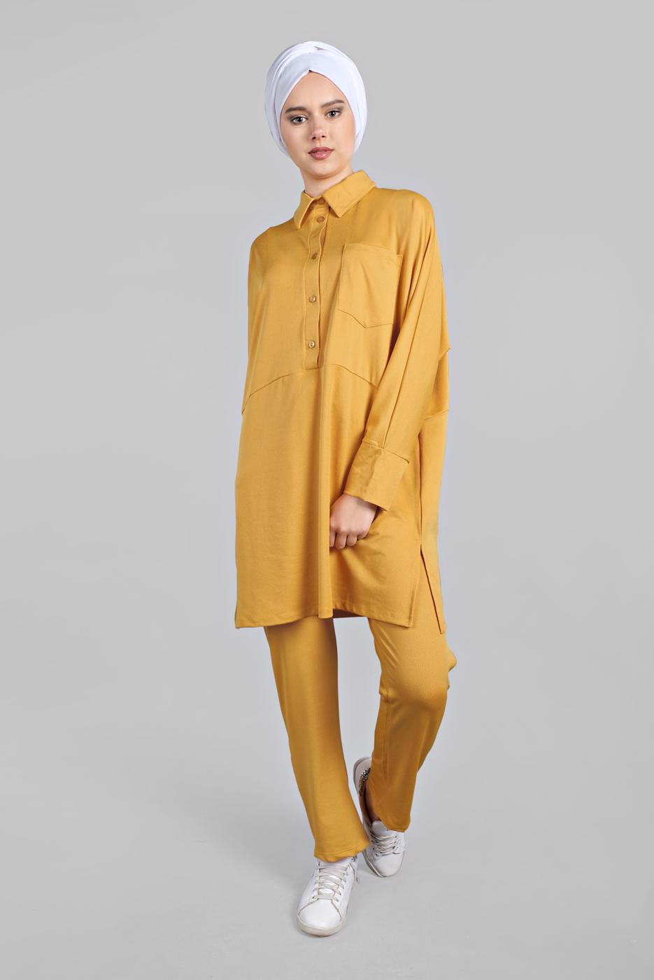 Tesettür giyim SARI YARASA KOL DETAYLI 2&prime;Lİ PANTOLONLU TAKIM 7811 