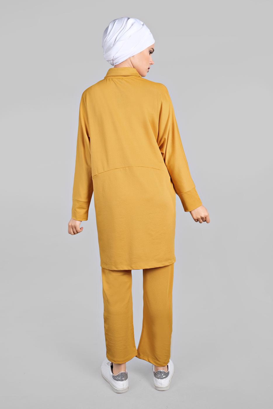 Tesettür giyim SARI YARASA KOL DETAYLI 2&prime;Lİ PANTOLONLU TAKIM 7811 