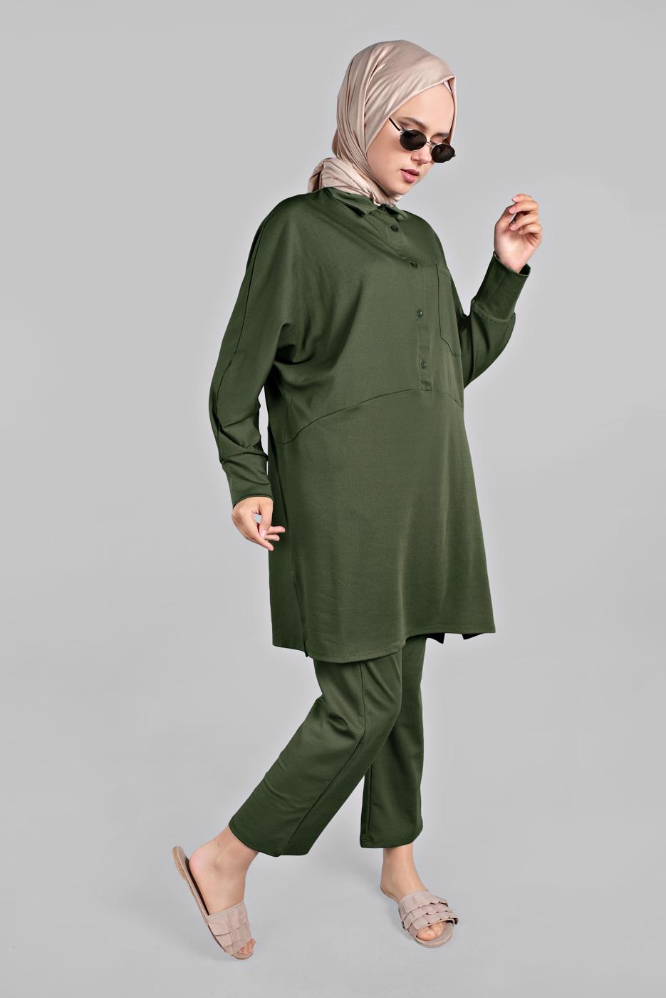 Tesettür giyim HAKİ YARASA KOL DETAYLI 2&prime;Lİ PANTOLONLU TAKIM 7811 