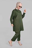 Tesettür giyim HAKİ YARASA KOL DETAYLI 2&prime;Lİ PANTOLONLU TAKIM 7811 