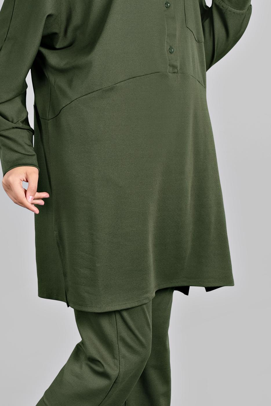 Tesettür giyim HAKİ YARASA KOL DETAYLI 2&prime;Lİ PANTOLONLU TAKIM 7811 